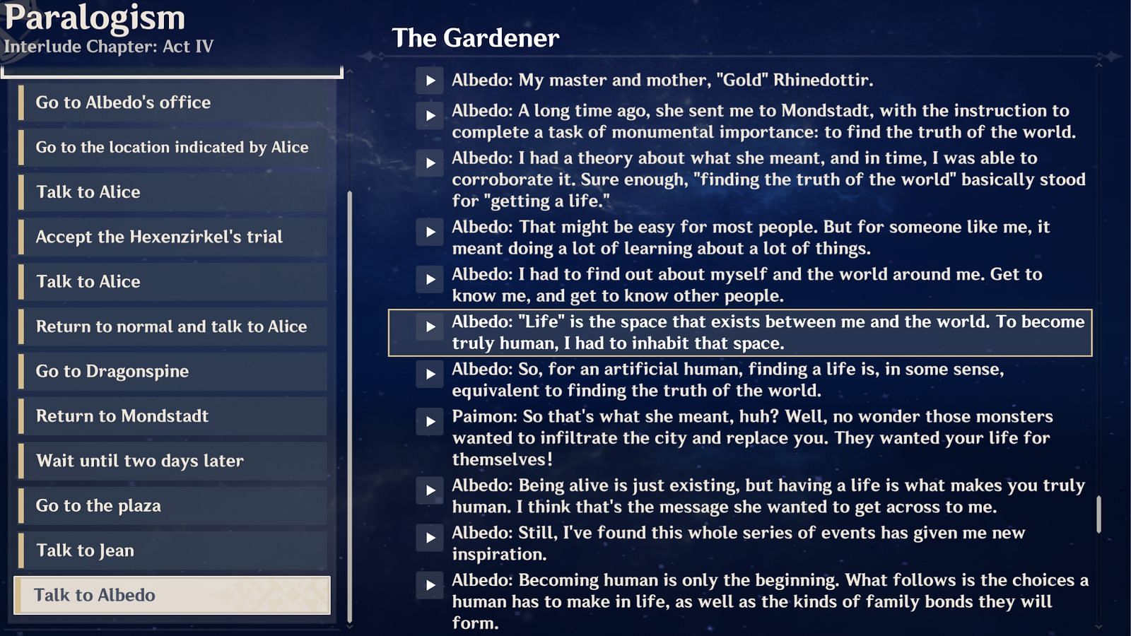 Albedo mentions his master, Rhinedottir, in the Paralogism AQ (Image via HoYoverse)